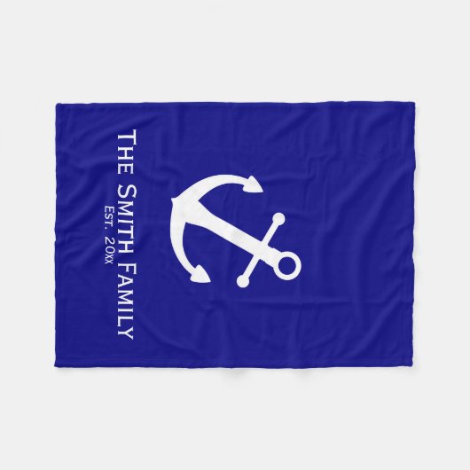 Custom Navy Blue und White Nautical Anchor Blanket Fleecedecke (Vorderseite (Horizontal))
