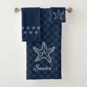 Custom Navy Blue White Chic Beach House Starfish Badhandtuch Set