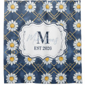 Custom Navy Daisy Gingham Monogram Decor Duschvorhang (Vorderseite)