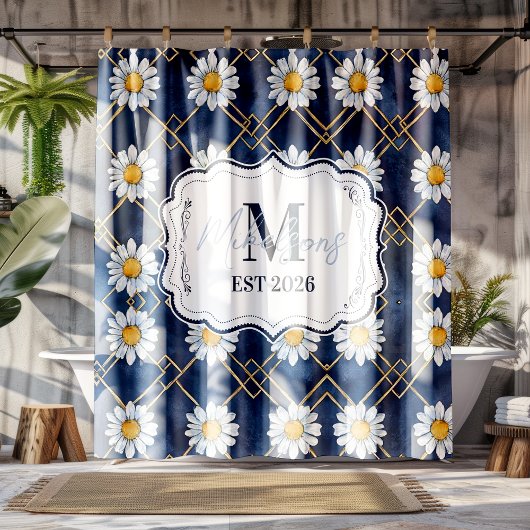 Custom Navy Daisy Gingham Monogram Decor Duschvorhang