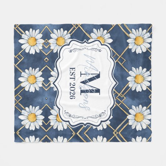 Custom Navy Daisy Gingham Monogram Decor Fleecedecke (Vorderseite (Horizontal))