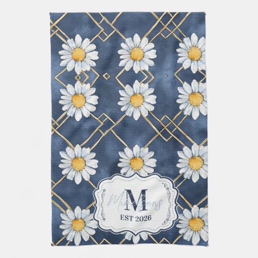 Custom Navy Daisy Gingham Monogram Decor Geschirrtuch (Vertikal)