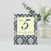 Custom Navy Damask Wedding Tischnummer 2 (Stehend Vorderseite)