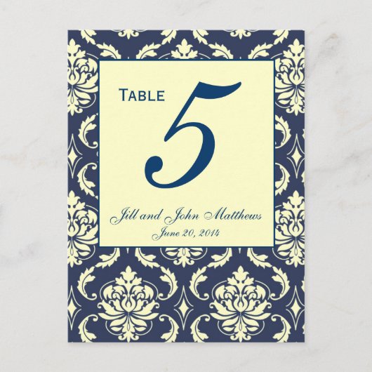 Custom Navy Damask Wedding Tischnummer 2 (Vorderseite)
