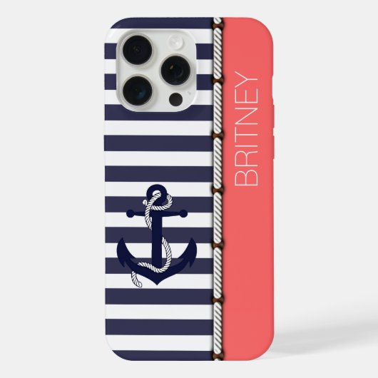 Custom Navy Dunkelblau Weiß Rosa Streifen iPhone Hülle (Rückseite)