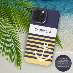 Custom Navy Dunkelblau Weiße sonnige Gelbe Streife iPhone 15 Pro Max Hülle