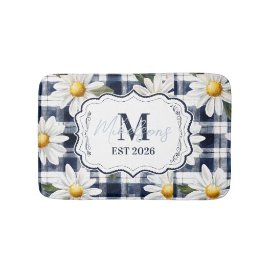 Custom Navy Gingham Daisy Monogram Badematte (Vorderseite)