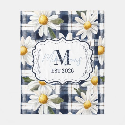 Custom Navy Gingham Daisy Monogram Fleecedecke (Vorderseite)