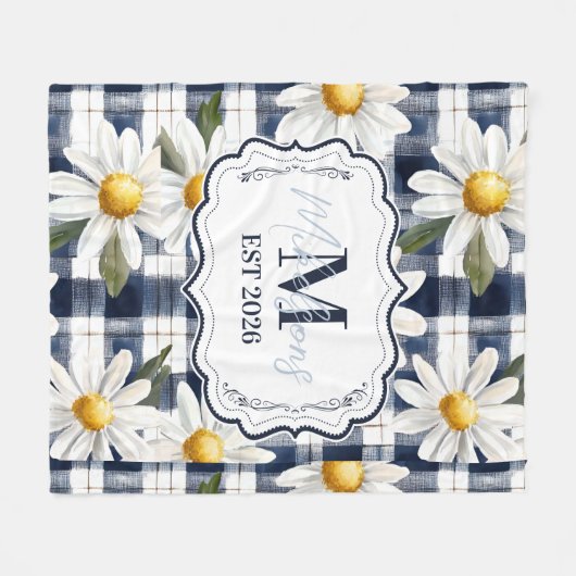 Custom Navy Gingham Daisy Monogram Fleecedecke (Vorderseite (Horizontal))