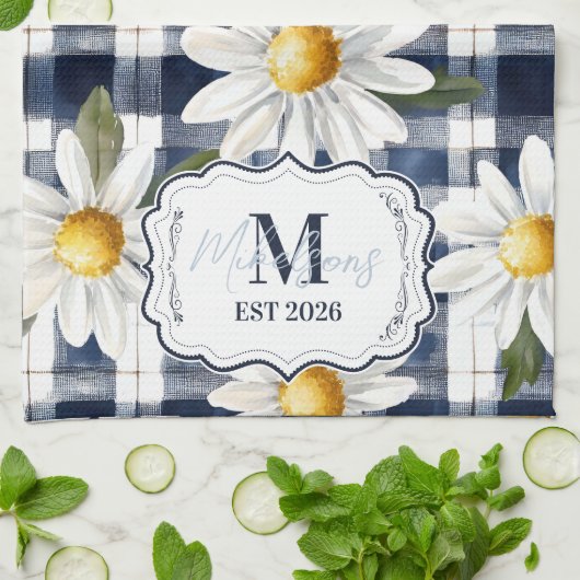Custom Navy Gingham Daisy Monogram Geschirrtuch (Gefaltet)