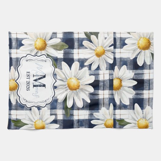 Custom Navy Gingham Daisy Monogram Geschirrtuch (Horizontal)
