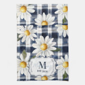 Custom Navy Gingham Daisy Monogram Geschirrtuch (Vertikal)