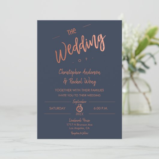 Custom Navy Simple Script Rose Gold Foil Hochzeit Einladung (Stehend Vorderseite)