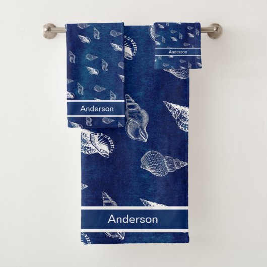 Custom Navy Wash White Nautical Seashell Badezimme Badhandtuch Set (Insitu)