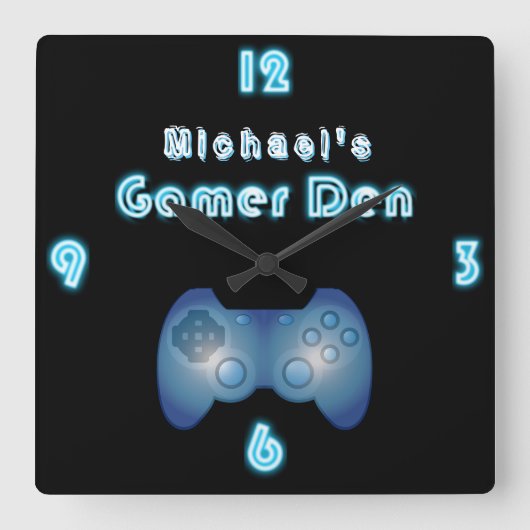 Custom Neon Clock Gamers Den ManCave Boys Room Quadratische Wanduhr (Vorderseite)