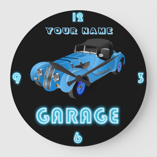 Custom NEON GARAGE Clock ADD Business Name Cars 2 Große Wanduhr (Vorderseite)