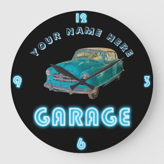 Custom NEON GARAGE Clock ADD Business Name Cars Große Wanduhr (Vorderseite)