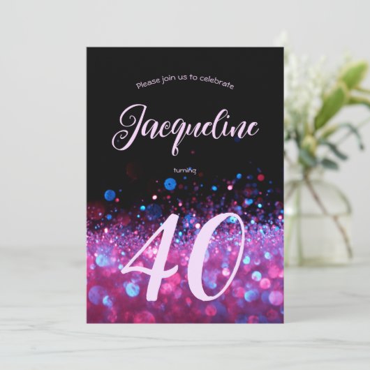 Custom Neon Glow Pink Glitzer Script 40. Geburtsta Einladung (Stehend Vorderseite)