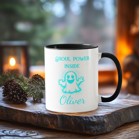 Custom Neon Halloween Tasse - Cyan Ghost Design
