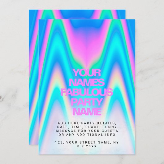 Custom Neon Holographic Iridescent Y2K Party Einladung (Vorne/Hinten)