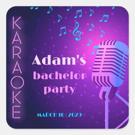 Custom Neon Karaoke Night Bachelor Party Quadratischer Aufkleber (Vorderseite)