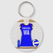 Custom Netball Uniform Blue mit Rot und Weiß Schlüsselanhänger (Vorderseite)