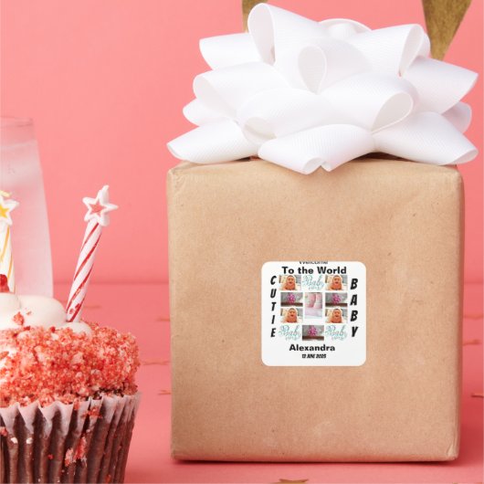Custom New Baby 11 Foto Collage Square Sticker (Party)