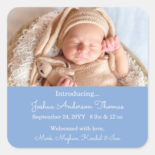Custom Newborn Foto Birth Announcement Blue Quadratischer Aufkleber (Vorderseite)