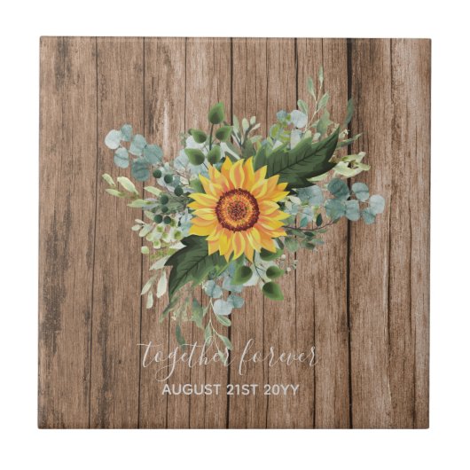 Custom Newlywings Rustic Sunflowers Eucalyptus Lea Fliese (Vorderseite)