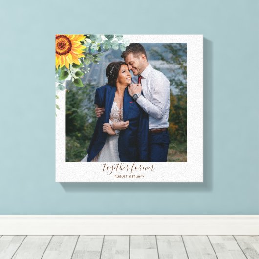 Custom Newlywings Rustic Sunflowers Eucalyptus Lea Leinwanddruck (Insitu (Holzboden))