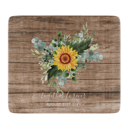 Custom Newlywings Rustic Sunflowers Eucalyptus Lea Schneidebrett (Vorderseite)