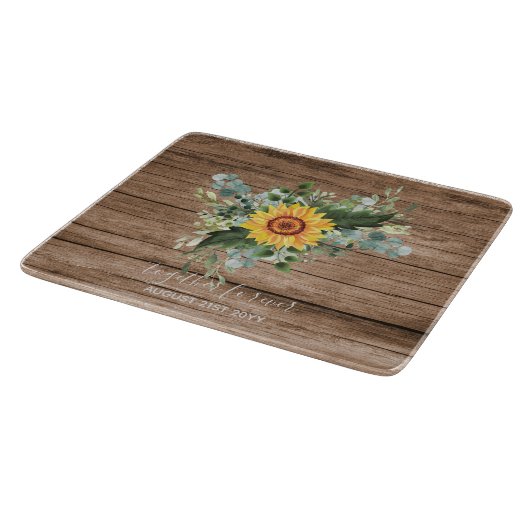 Custom Newlywings Rustic Sunflowers Eucalyptus Lea Schneidebrett (Ecke)