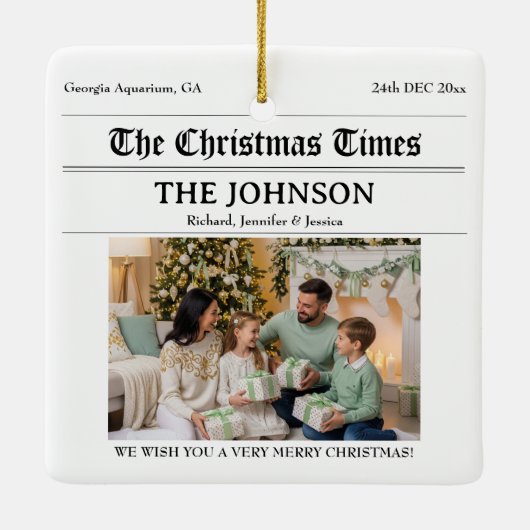 Custom Newspaper Christmas Family 2 Fotos Keramikornament (Rückseite)