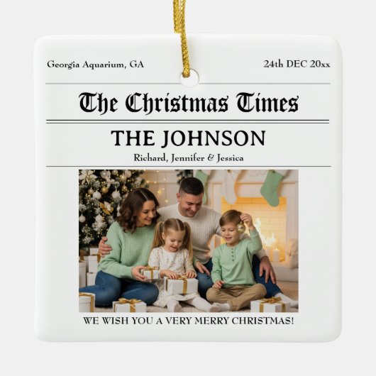 Custom Newspaper Christmas Family 2 Fotos Keramikornament (Vorderseite)