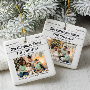 Custom Newspaper Christmas Family 2 Fotos Keramikornament