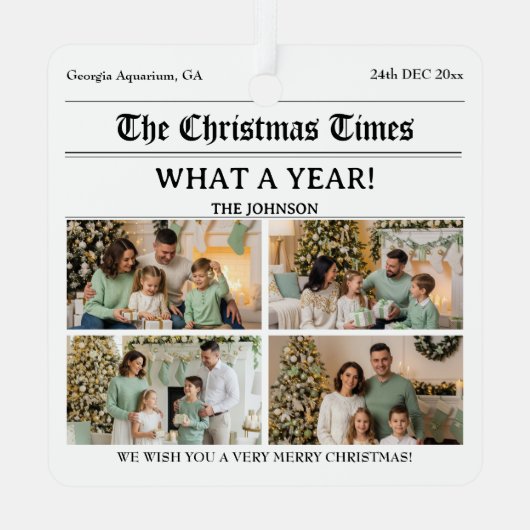 Custom Newspaper Style Family Christmas Foto Ornament Aus Metall (Rückseite)