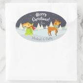 Custom Niedlich Christmas Bunny and Deer Illustrat Ovaler Aufkleber (Tasche)