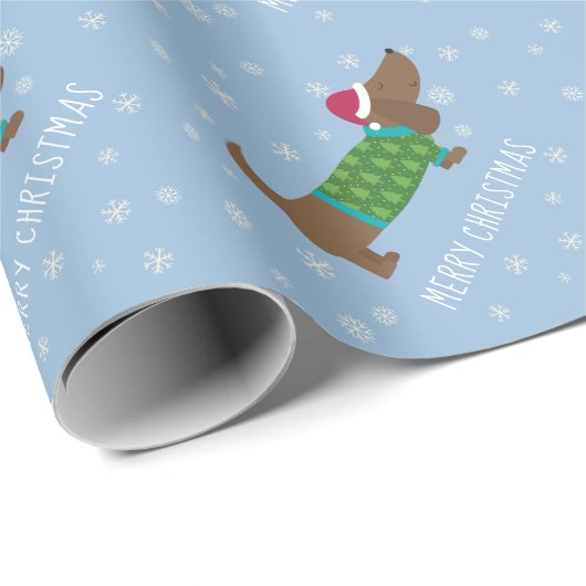 Custom Niedlich Daschund und Snowflakes Blue Carto Geschenkpapier (Rolleneckpunkt)