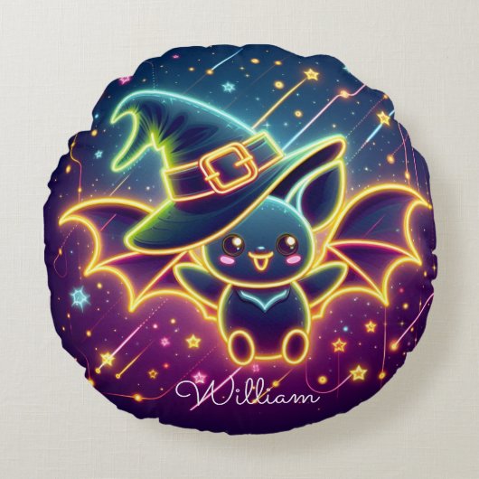 Custom Niedlich Halloween Bat Witch's Hat Kinderzi Rundes Kissen (Vorderseite)