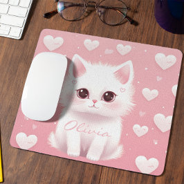 Custom Niedlich Kitten Valentine's Day White Pink Mousepad