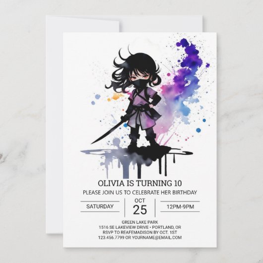 Custom Niedlich Ninja Girl Geburtstag Einladung (Vorderseite)