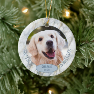 Custom Niedlich Pet Foto 1. Weihnachten auf blauem Keramik Ornament