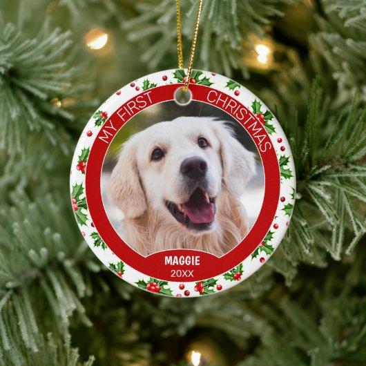Custom Niedlich Pet Foto 1. Weihnachtsfest auf Hol Keramik Ornament (Baum)