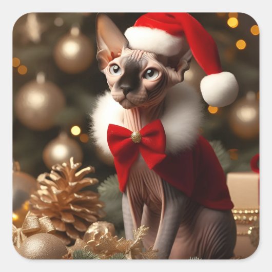 Custom Niedlich Sphynx Cat Weihnachtsaufkleber Quadratischer Aufkleber (Vorderseite)