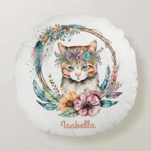 Custom Niedlich Water color Floral Boho Cat Rundes Kissen