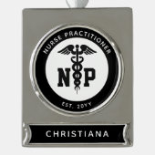 Custom NP Nurse Practitioner Abschluss Caduceus Banner-Ornament Silber (Vorderseite)
