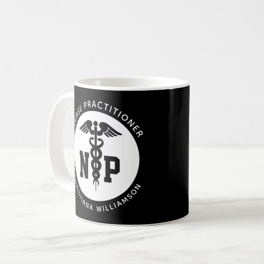 Custom NP Nurse Practitioner Abschluss Caduceus Kaffeetasse (Vorderseite Links)