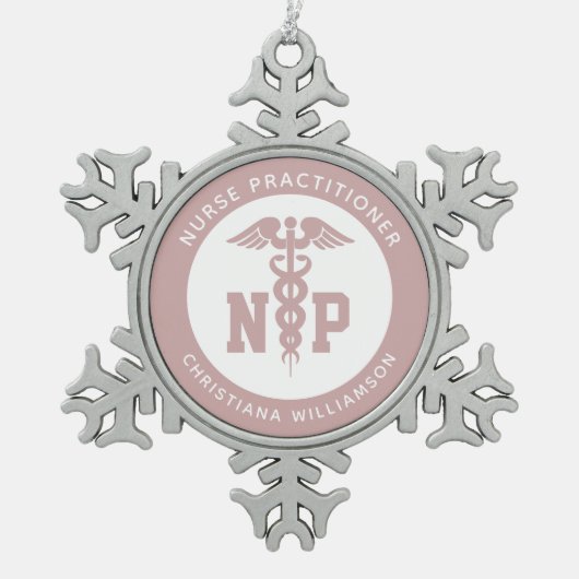 Custom NP Nurse Practitioner Abschluss Caduceus Schneeflocken Zinn-Ornament (Vorderseite)
