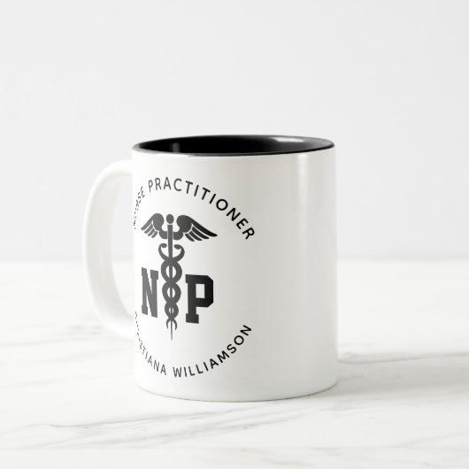 Custom NP Nurse Practitioner Abschluss Caduceus Zweifarbige Tasse (Vorderseite Links)