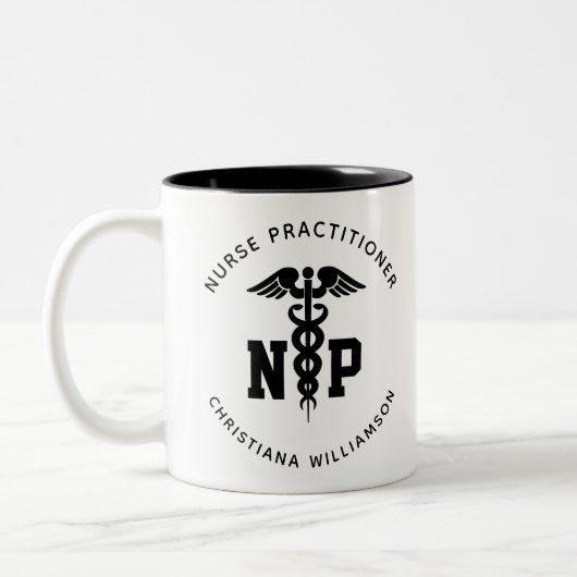 Custom NP Nurse Practitioner Abschluss Caduceus Zweifarbige Tasse (Links)